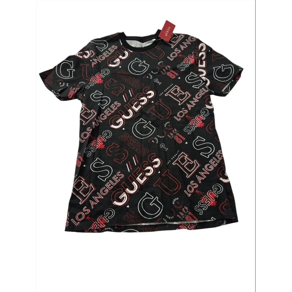 GUESS Los Angeles Mens T-Shirt Medium Black Logo AOP Crew Neck NWT